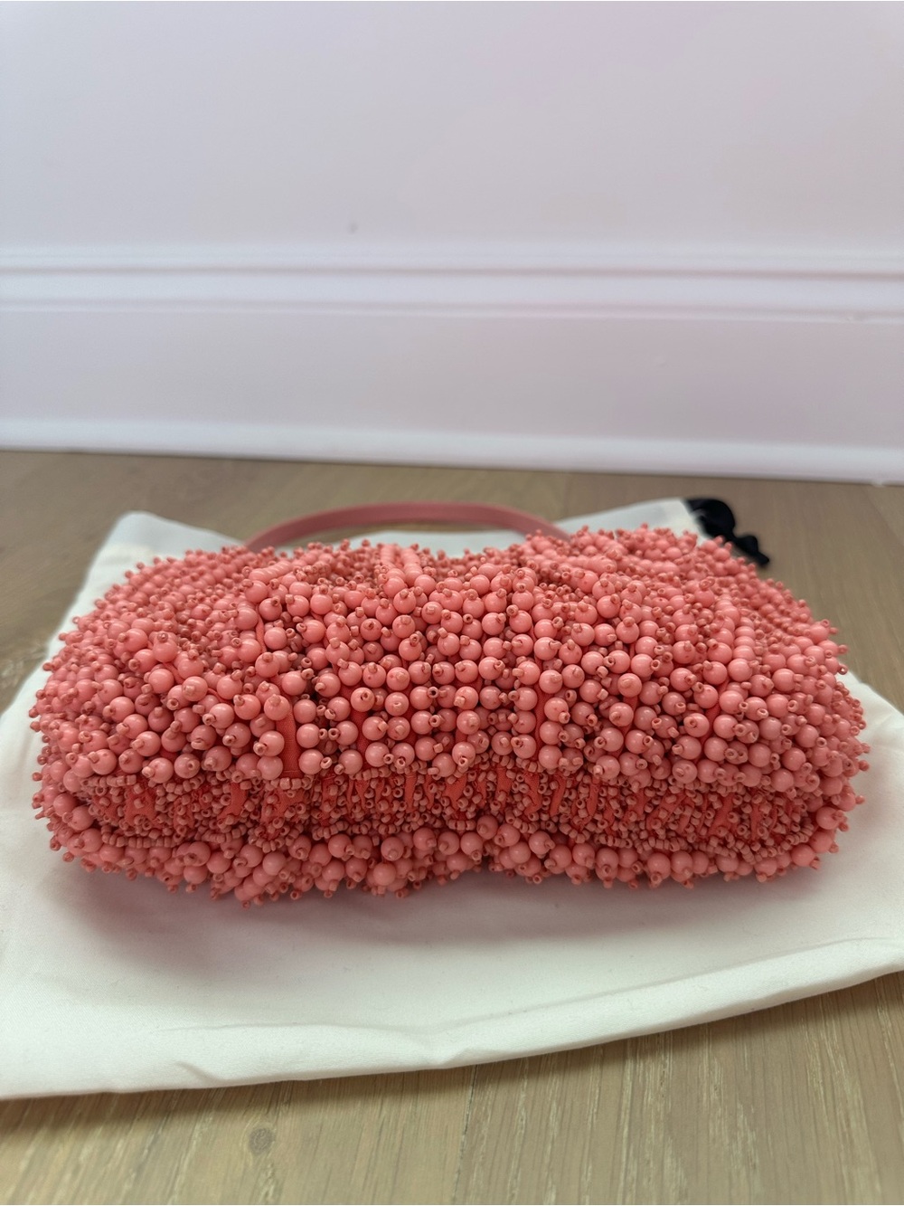 Staud Beaded Bean Bag In Geranium Pink Small Shoulder Bag Clutch Bead Purse - Picture 6 of 8